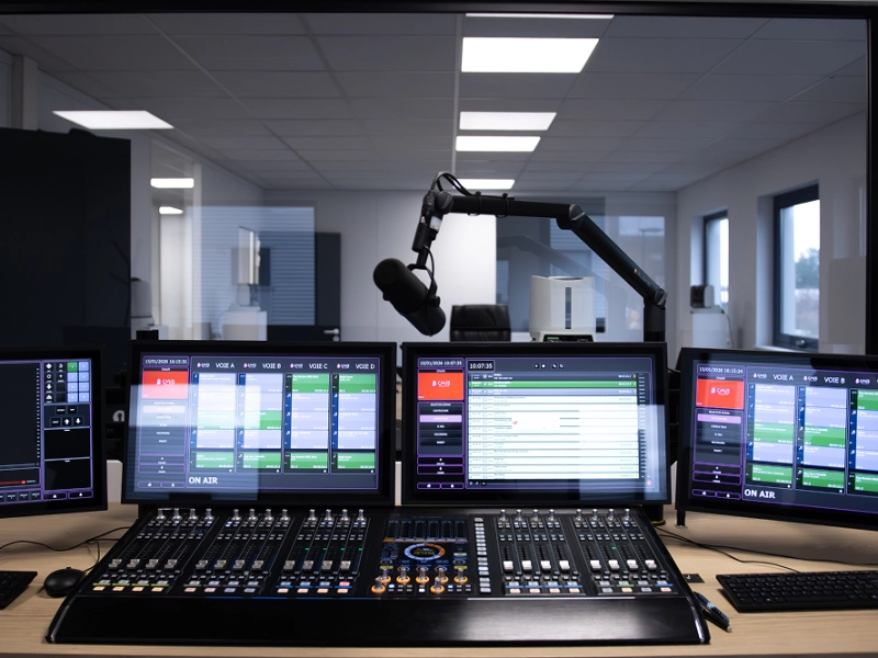 Poste de travail d'un animateur-réalisateur radio avec console de mixage, micro broadcast et logiciels de diffusion